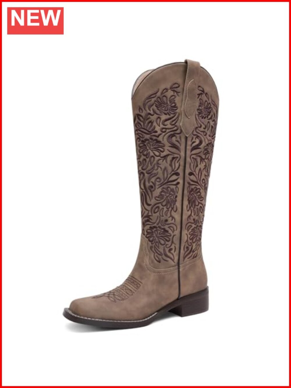Embroidered Knee High Cowboy Boots Square Toe Low Heel Western